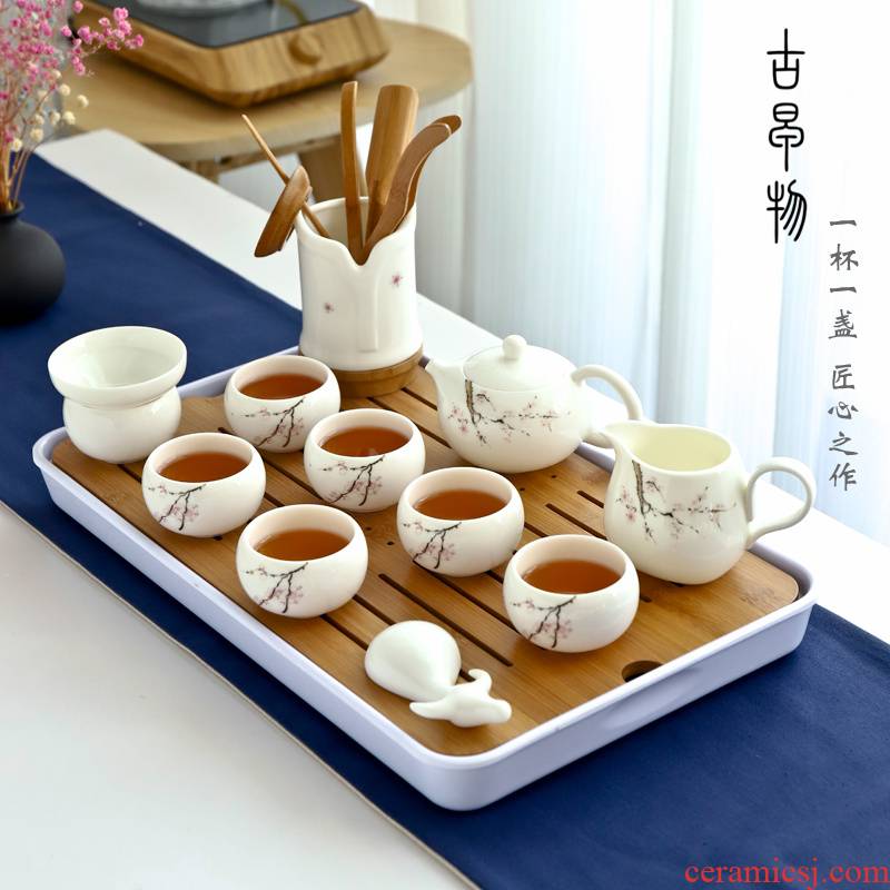 Dehua white porcelain suet jade kung fu tea set suit Japanese household contracted and I of a complete set of small tureen tea cup