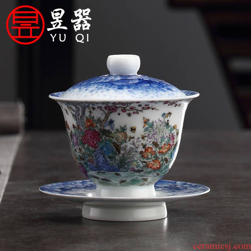 Yu ware jingdezhen ceramic checking 100 insect hand - made pastel blue three tureen tea art collection