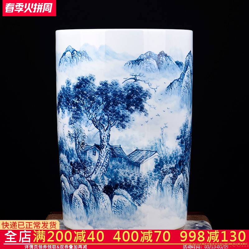 Jingdezhen ceramics hand - made painting and calligraphy scrolls cylinder barrel large sitting room ground of blue and white porcelain vase calligraphy and painting to receive barrels