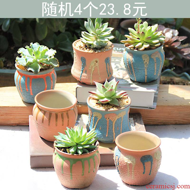 Mercifully glaze flower pot random quaternity ceramic breathable creative move coarse pottery meat meat the plants flower pot in restoring ancient ways