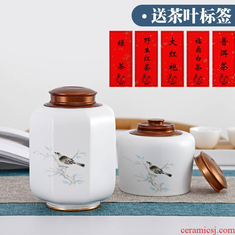 Yu is white porcelain decal caddy fixings ceramic honeypots sealing metal lid loose tea and tea pu - erh tea storage warehouse moistureproof