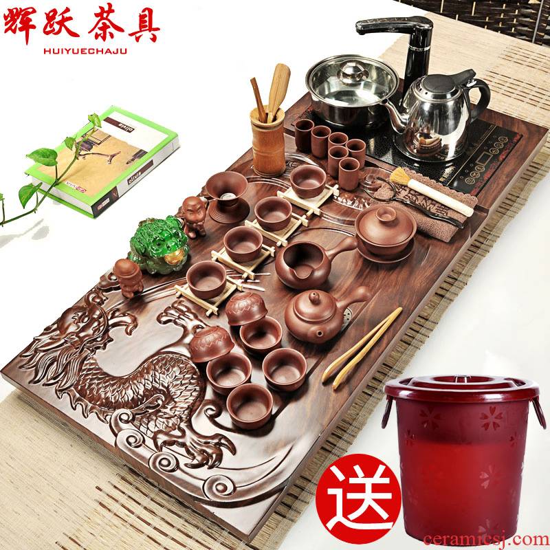 Hui, make violet arenaceous kung fu tea set contracted ceramic your up and induction cooker four solid wood tea tray tea home