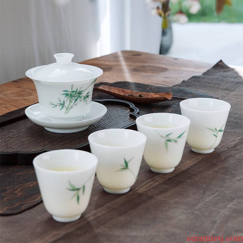 Good thing JingLan tea art jingdezhen ceramics by hand hand bamboo kung fu tea set tureen cup home