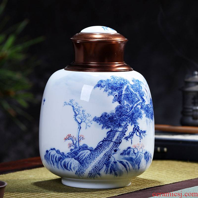 Large sealing ceramic a kilo is installed metal caddy fixings cover save green tea POTS of jingdezhen blue and white porcelain is hand - made tea sets