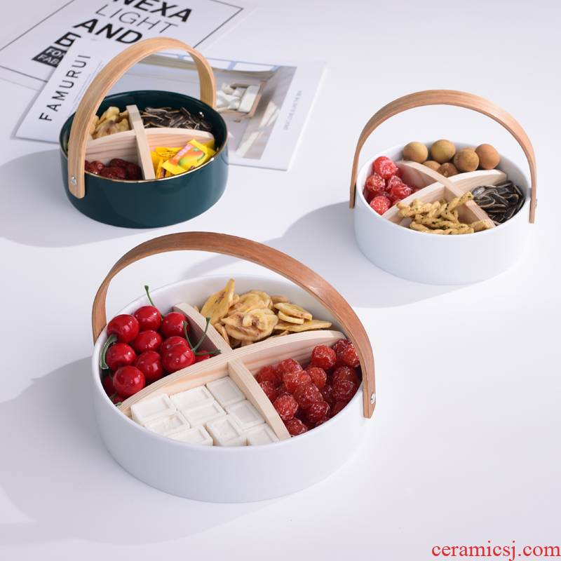The Nordic ceramic portable fruit bowl creative living room table storage disc frame dried fruit snacks tea table plate decoration