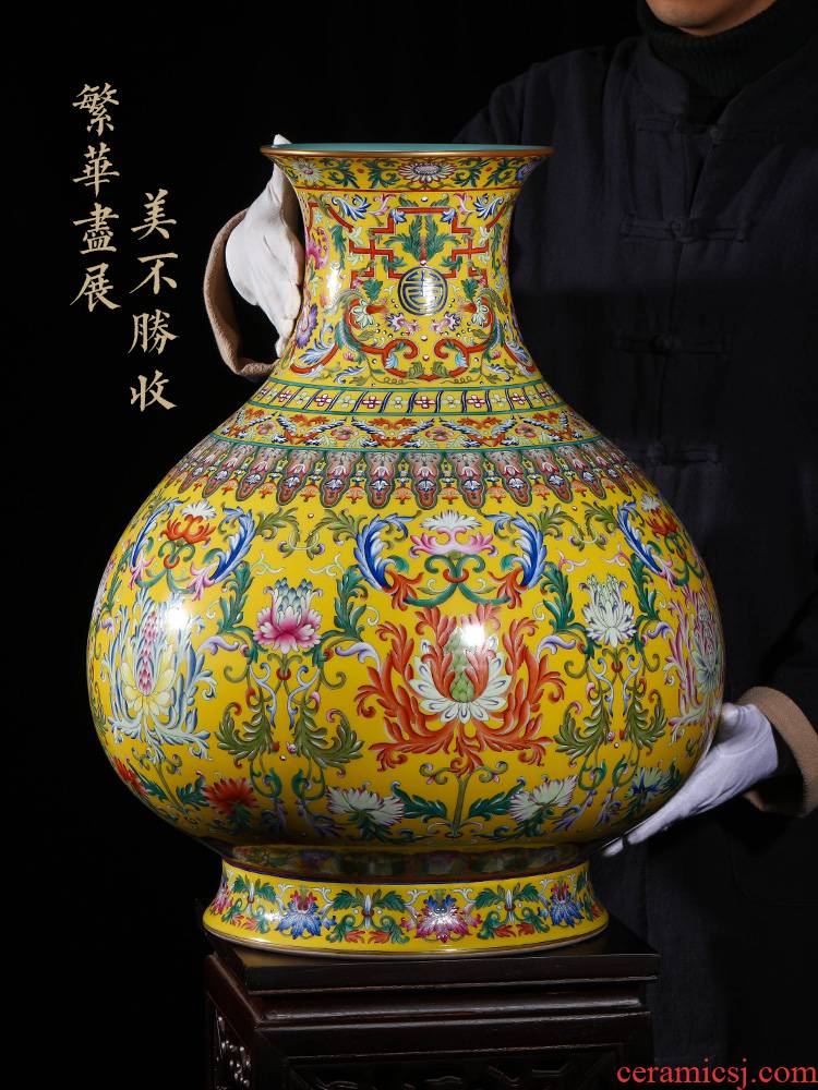Jia lage jingdezhen vase interior furnishing articles YangShiQi system in qianlong pastel yellow lotus flower grain okho bottle