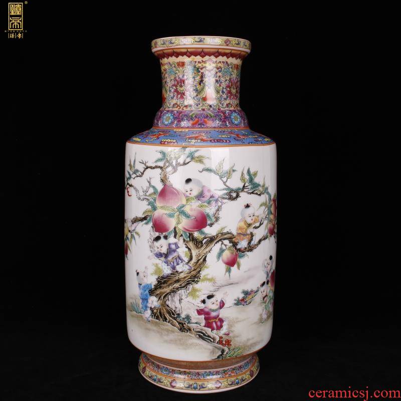 Jingdezhen imitation enamel qianlong years antique vase pastel nine son climb peach wooden stick Chinese antique porcelain bottle furnishing articles