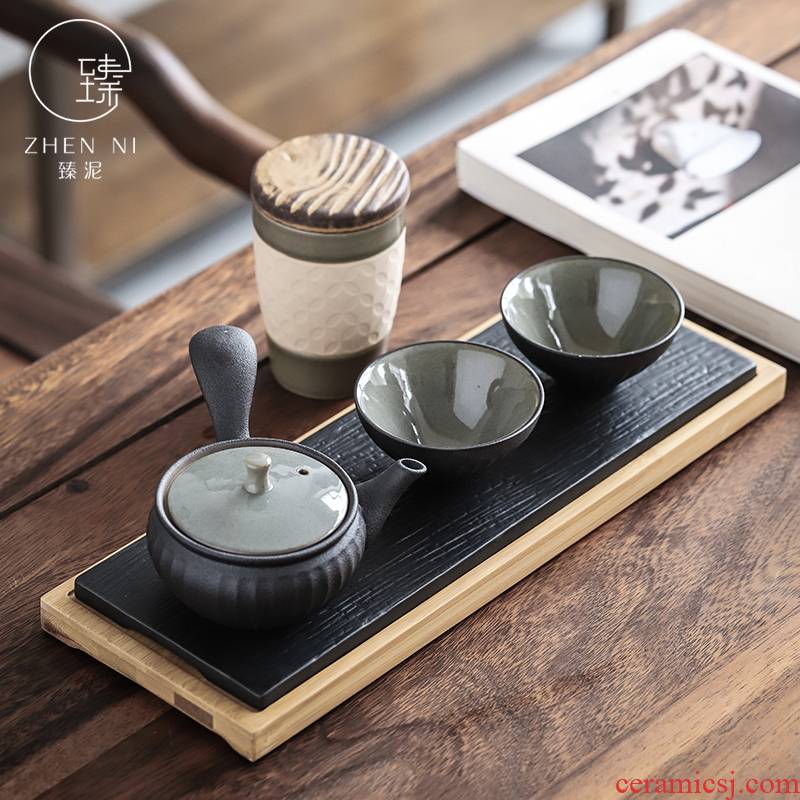 By Japanese kung fu tea set contracted household whole mud black pottery teapot teacup office dry tea tray sets a gift