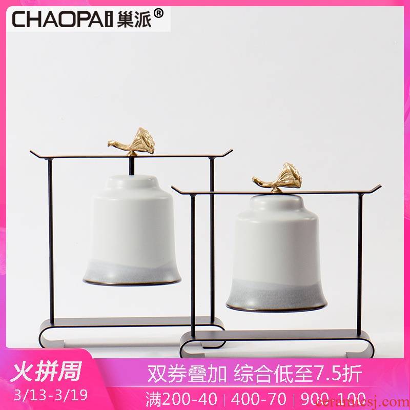 New Chinese style bell shape ceramic office furnishing articles study ancient frame plating, wrought iron decoration, home decoration