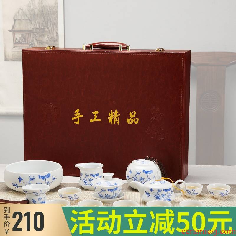 Ceramic kung fu tea set household contracted sitting room jingdezhen cup lid bowl of a complete set of gift boxes