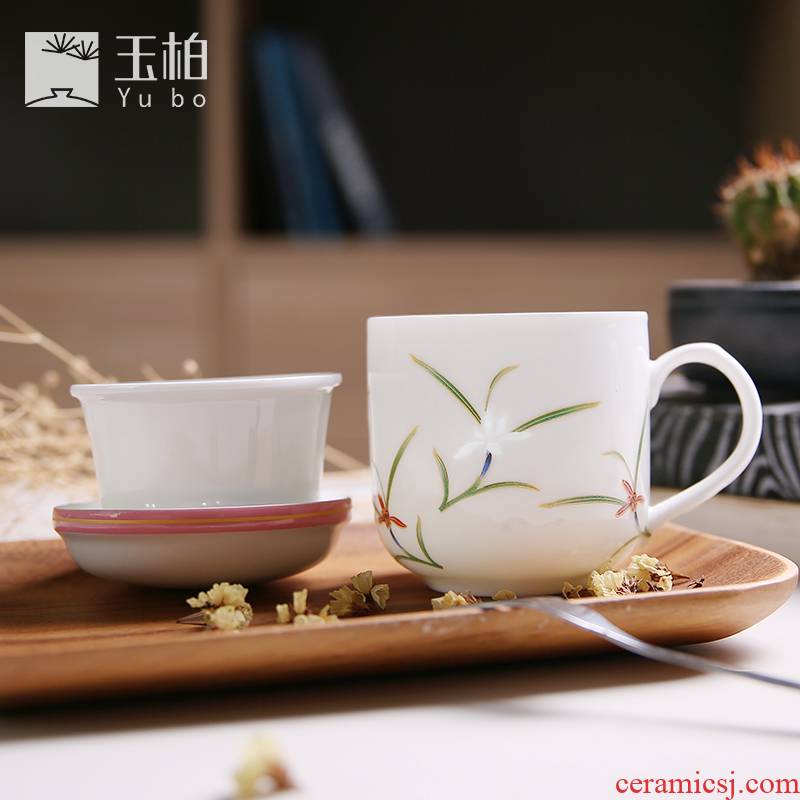 Exquisite jade cypress ceramic cup garden teacup high - capacity office cup creative household ceramic cup bag cover lovers
