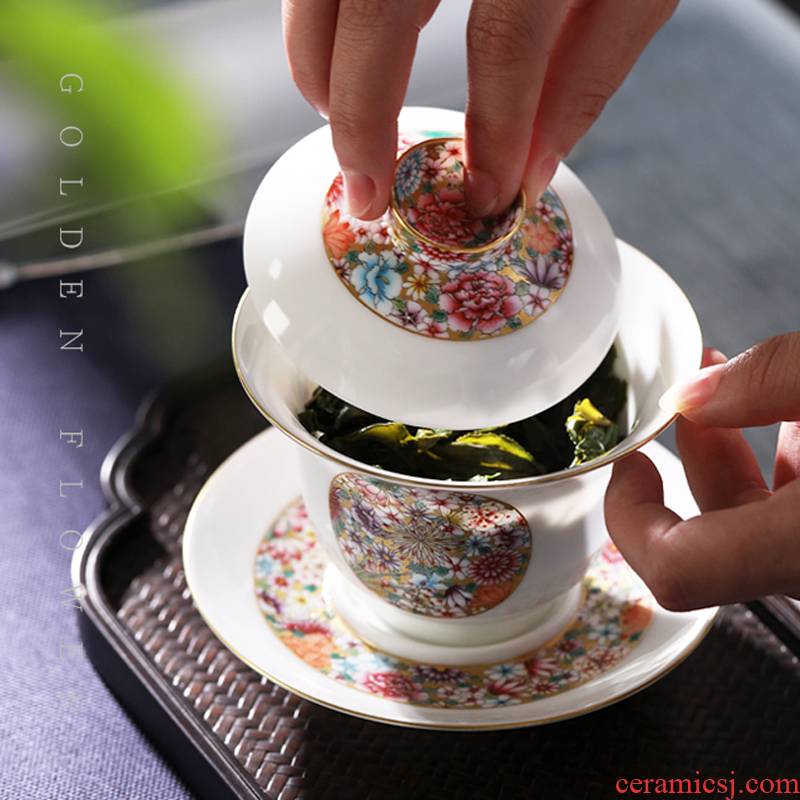 Sound hand - made gold base mountain flower is pure manual tureen cup bowl large thin foetus jingdezhen porcelain tea set