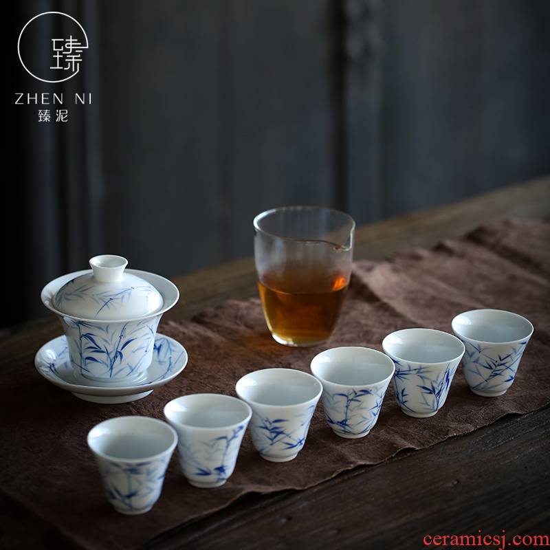 By mud jingdezhen hand - made kung fu tea set manually famille rose porcelain tureen home three bowls set of tea cups