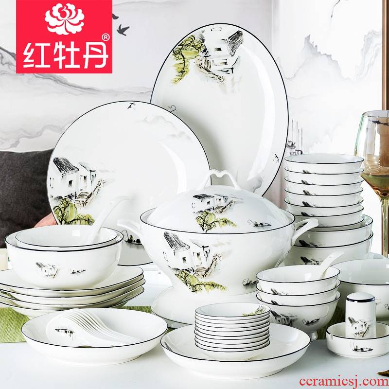 Red peony new Chinese dishes suit household ink wind ceramic tableware suit soup bowl bowl plate combination