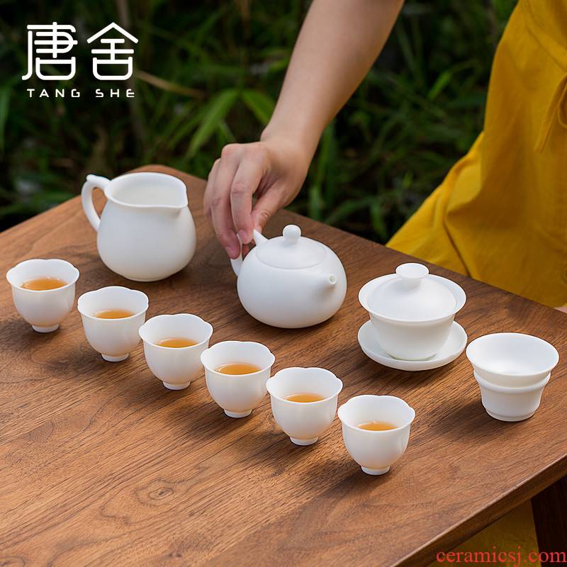 Tang s suet jade beauty tea pot lid bowl suit dehua white porcelain six people kung fu tea set ceramic household