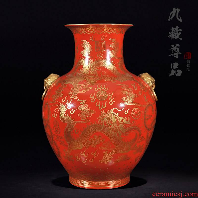 Jingdezhen ceramics antique hand - made paint double lion ocean 's ears bottle craft ornaments marriage room sitting room place vase