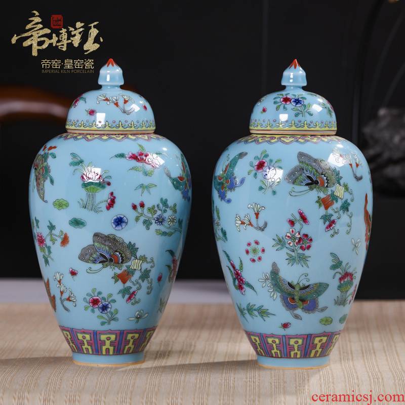 Jingdezhen ceramics antique hand - made azure glaze butterfly beauty cover pot antique porcelain art collection furnishing articles