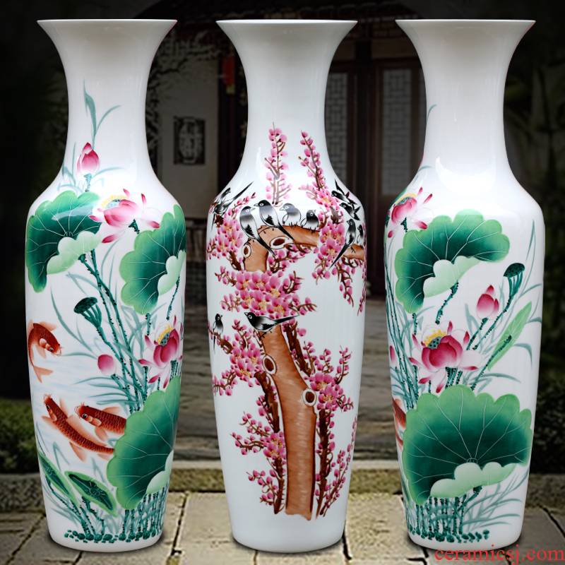 Hand draw name plum blossom put lotus 80 cm high landing big vase of porcelain of jingdezhen ceramics sitting room adornment is placed