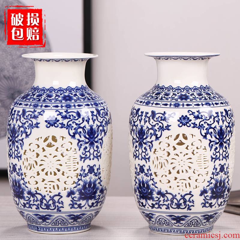 Jingdezhen ceramics hollow out of the blue and white porcelain vases, flower arranging home sitting room adornment ark, TV ark, furnishing articles