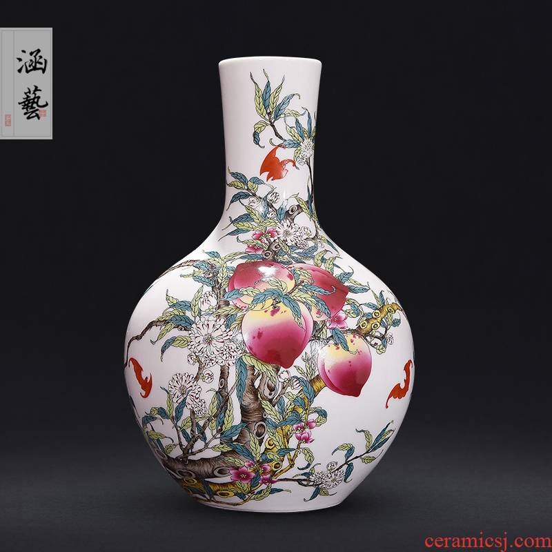 Jingdezhen ceramics archaize sitting room of famille rose porcelain vase flat peach flower arrangement of Chinese style household adornment handicraft furnishing articles