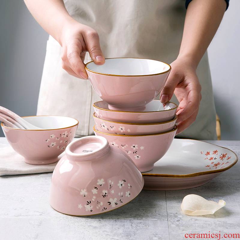 Creative Japanese under pink cherry blossoms hand - made glaze ceramic tableware home rice bowls disc sushi plate of wine