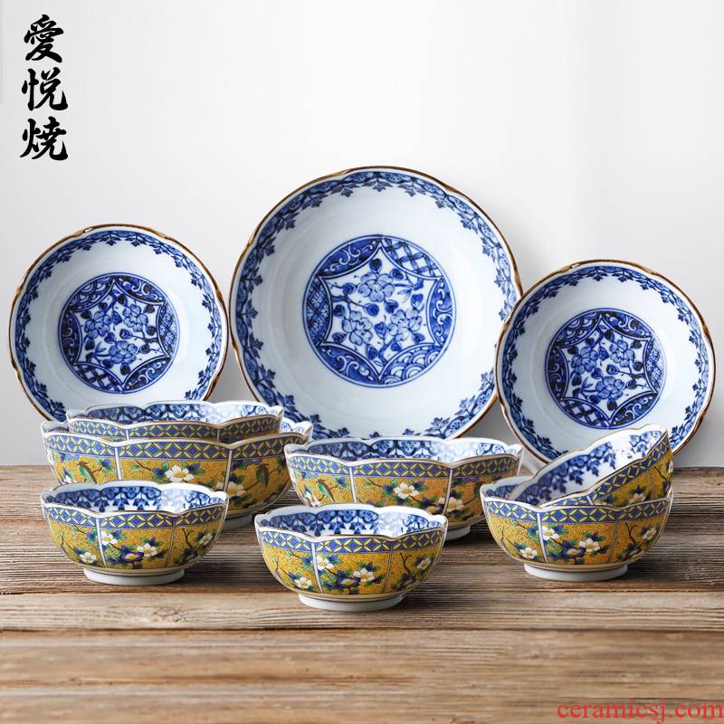 Love make burn Japanese imports of ceramic tableware in the ancient Ivan 4 yellow flowers and birds suit Japanese food dishes