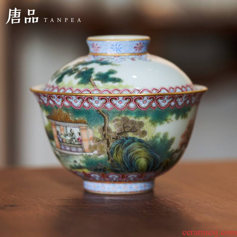 Jingdezhen pastel tureen landscape character of heaven and earth tureen ceramic large cup tea bowl of kung fu tea set collection