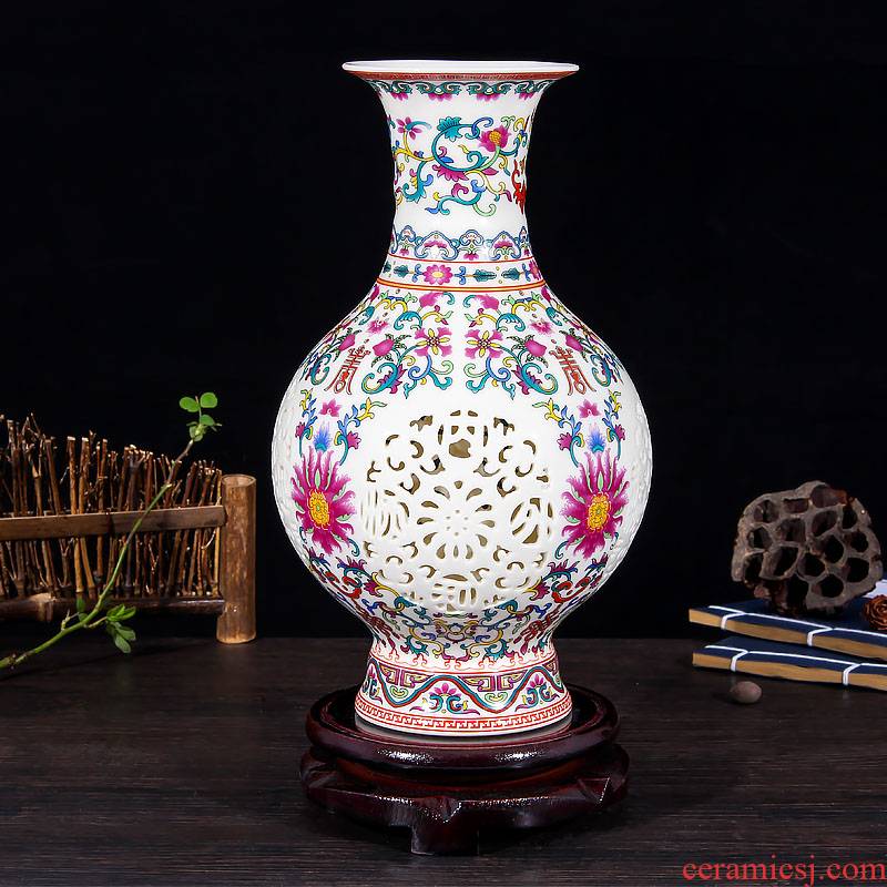 Mesa of jingdezhen ceramics hollow - out thin foetus enamel vase of modern Chinese style household decorates sitting room creative furnishing articles