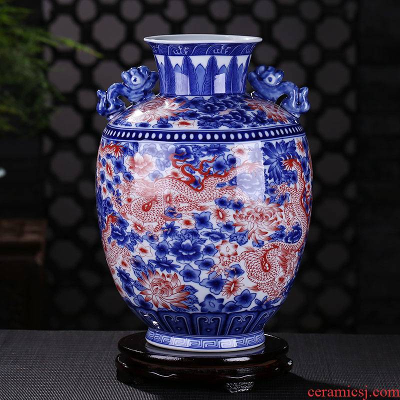 Jingdezhen ceramic vases, Chinese style living room home decoration furnishing articles furnishing articles blue and white porcelain double ears porch decoration