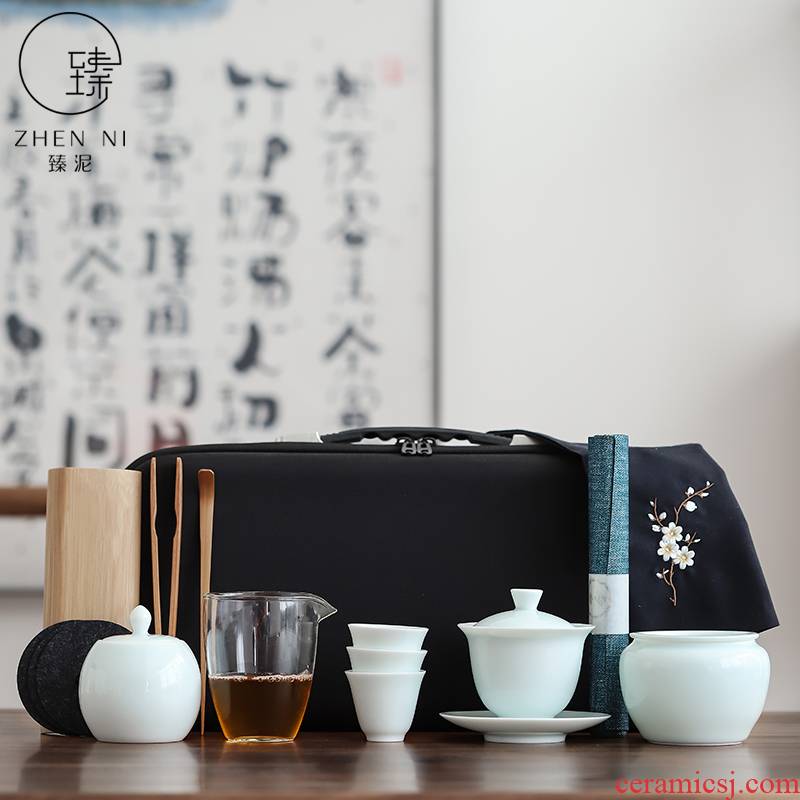 By mud white porcelain kung fu tea set suit portable travel tea set of ceramic tureen tea cups tea art the teacher 's would