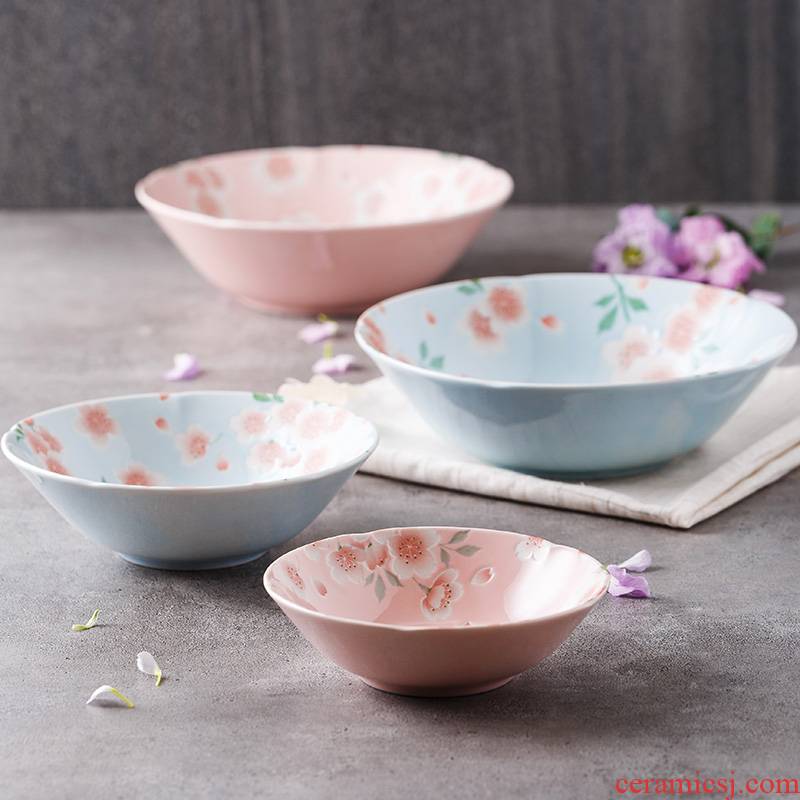 Japan imports under the cherry blossom put glaze color salad bowl and wind tableware ceramic bowl Japanese household deep bowl bowl noodles in soup bowl
