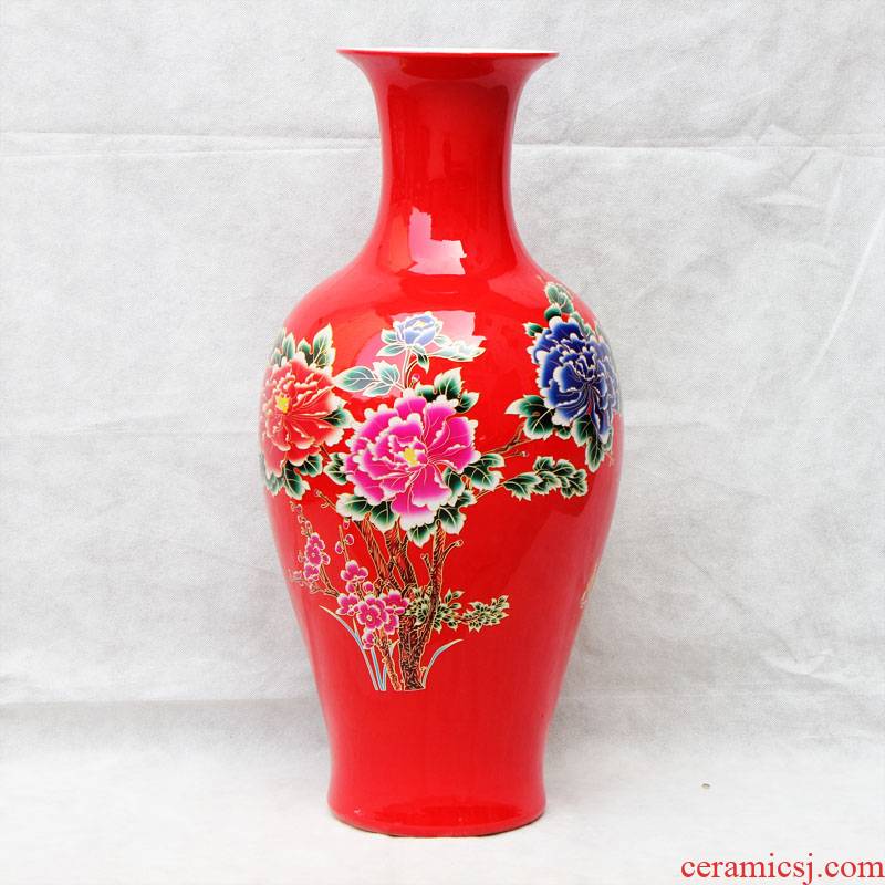 Rich aj34 jingdezhen ceramics red flowers open China vase landed a large sitting room porch place ornament