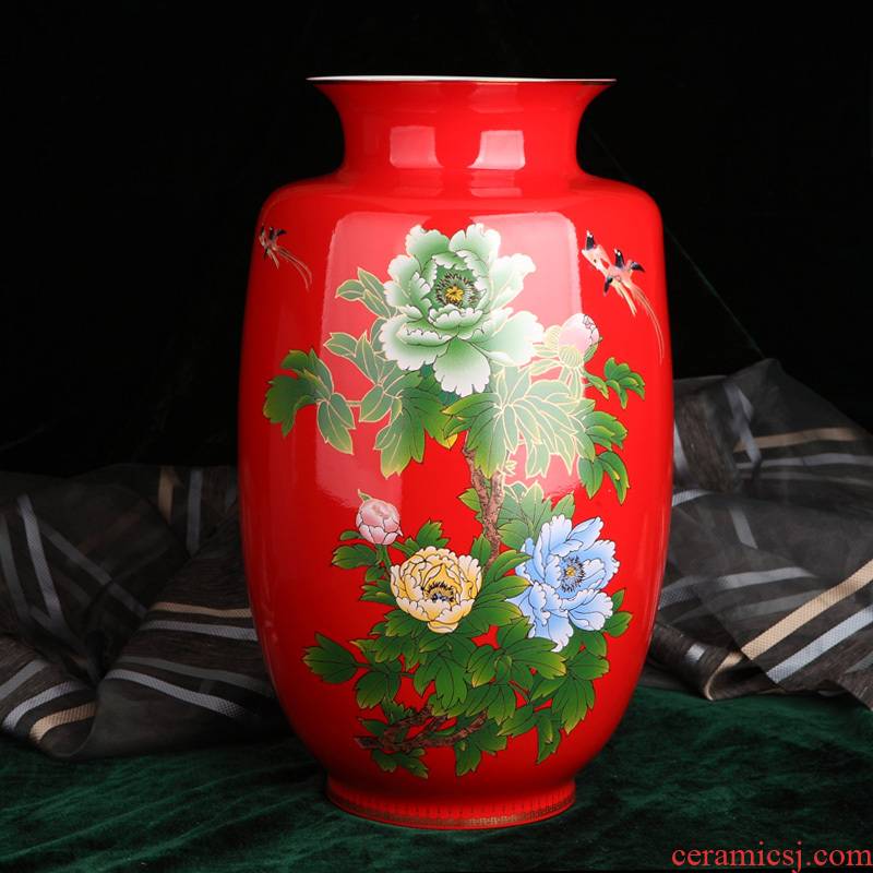 Chinese red porcelain peony flowers prosperous red vase wedding design mesa furnishing articles festival gift