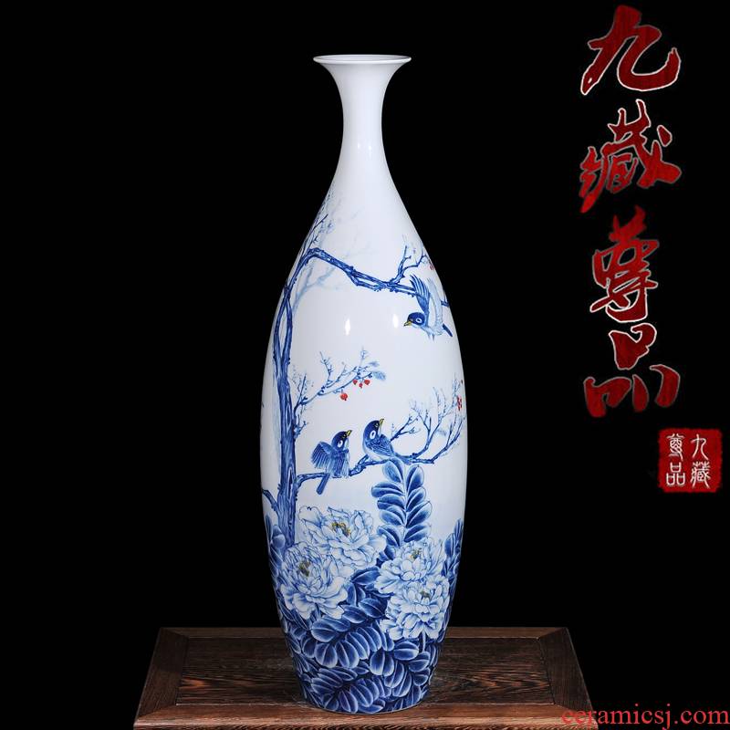 The Master of jingdezhen ceramic hand - made thin neck of blue and white porcelain vase of autumn song figure of modern home living room handicraft furnishing articles