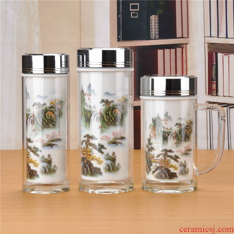 Ms mud of jingdezhen double ceramic cups male portable water glass glass office cup with cover