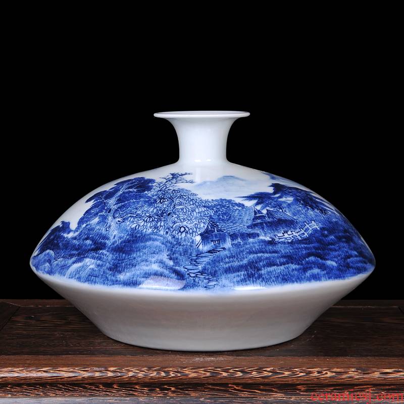 Jingdezhen ceramics famous hand - made scenery flat belly modern blue and white porcelain vase new classical household crafts