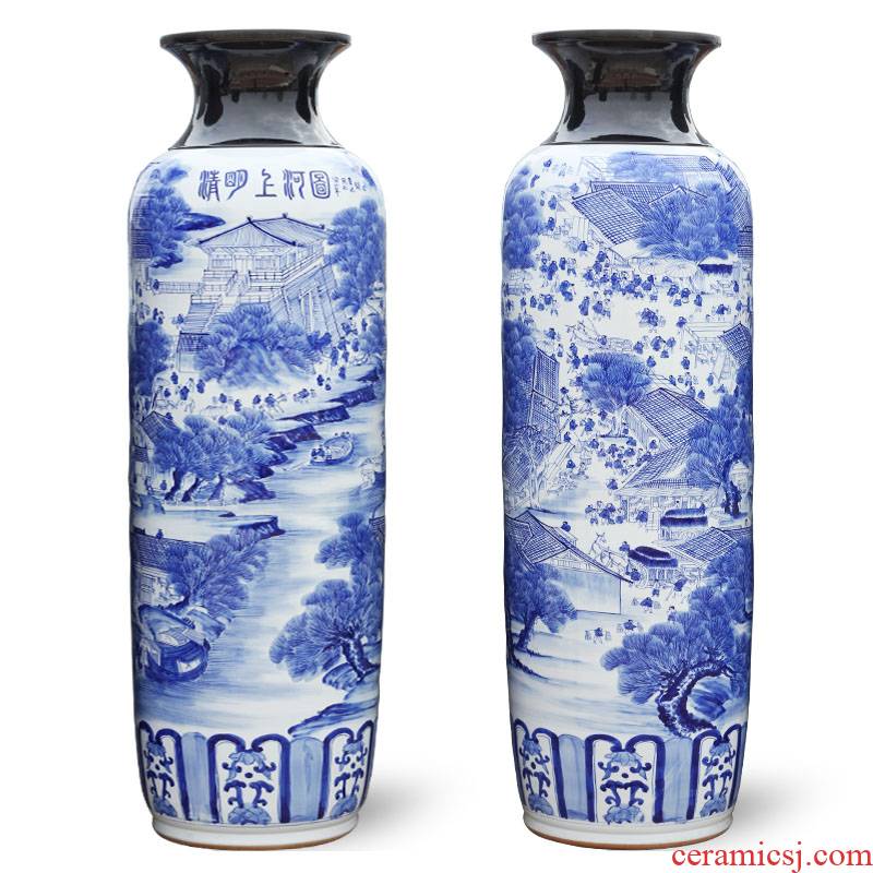 Jingdezhen ceramic hand - made large blue and white porcelain vase qingming scroll villa hotel furnishing articles large living room