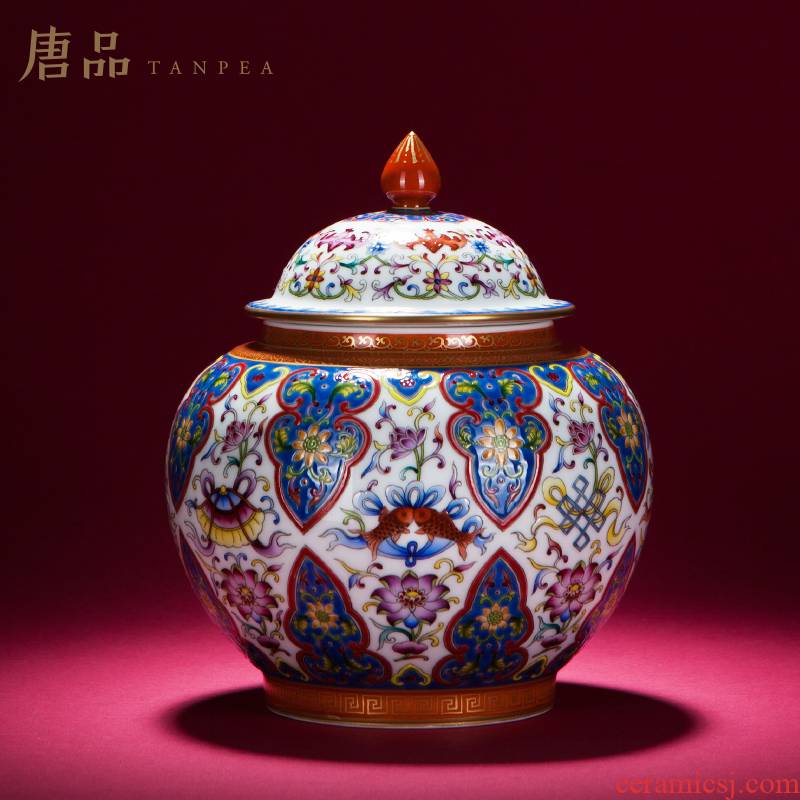 Jingdezhen ceramic general furnishing articles eight auspicious colored enamel pot large caddy fixings Chinese study of archaize sitting room