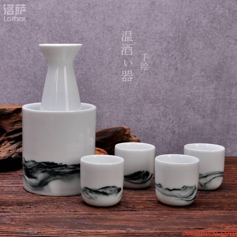 Jingdezhen ceramic hand - made Japanese hot temperature wine pot clear wine set 6 piece warm wine hip suit can "bringing gift boxes