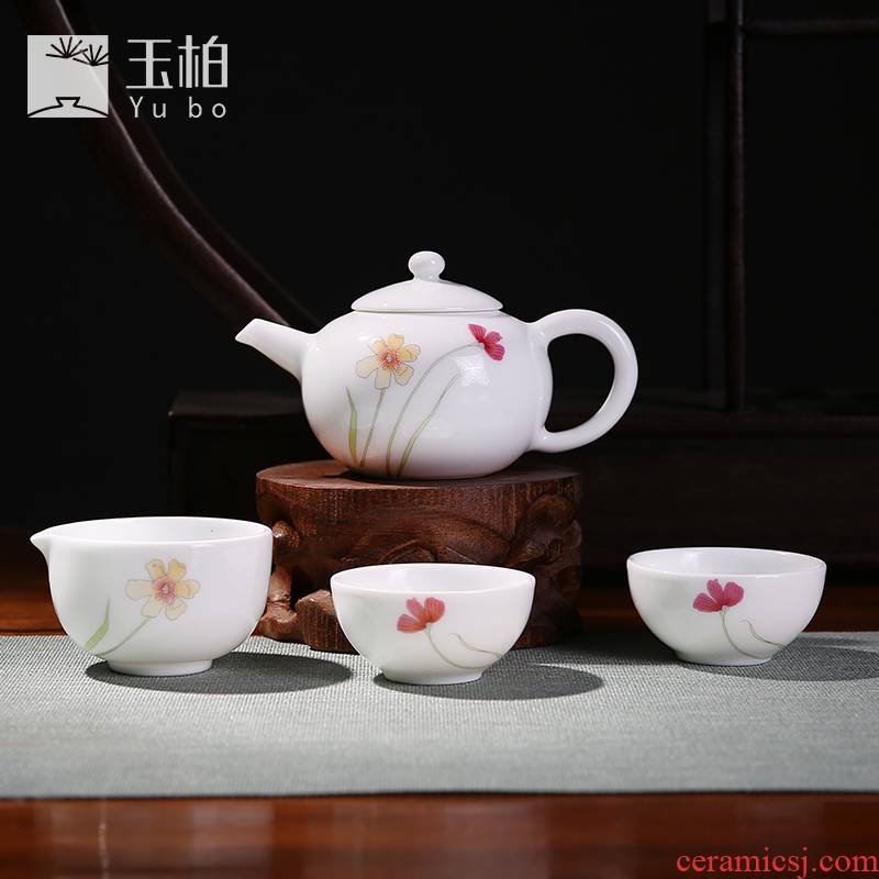 Jade cypress ceramics jingdezhen porcelain four head tea set suit portable mini small pot of tea kungfu tea pot
