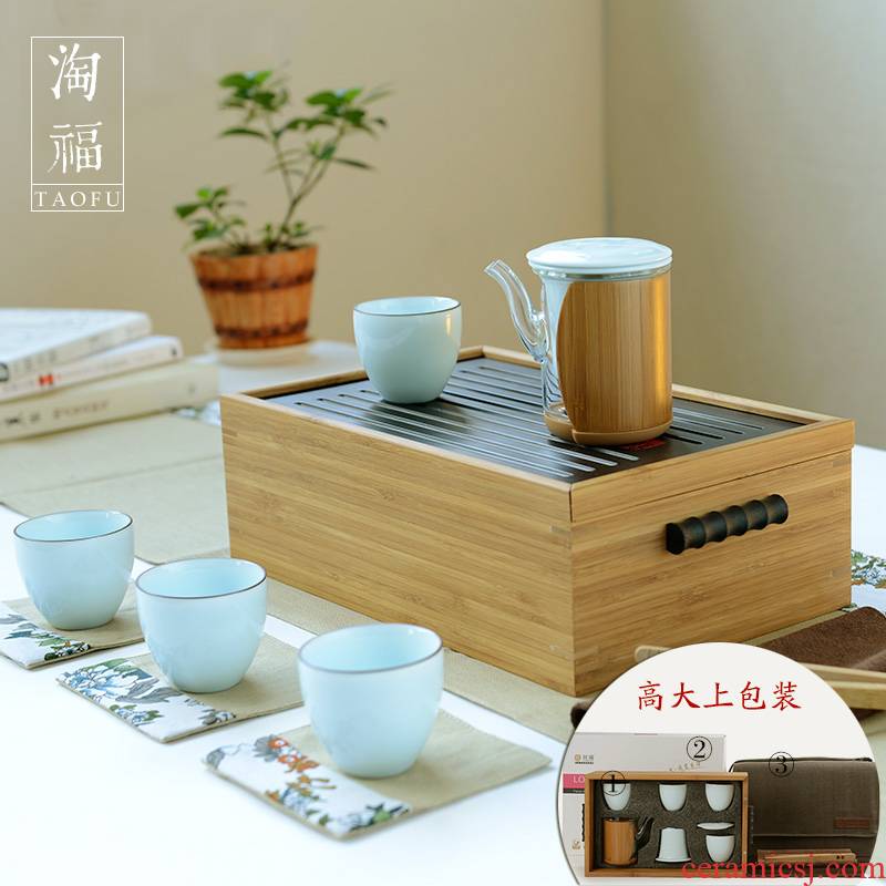 Auspicious blessing, glass tea set bamboo tea tray was portable kung fu tea set of a complete set of is suing ceramic gift set travel home