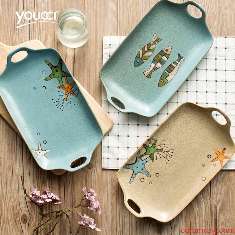 Youcci porcelain leisurely creative fish grain ceramic plate ear plate rectangular household dish plate of fruit salad plate