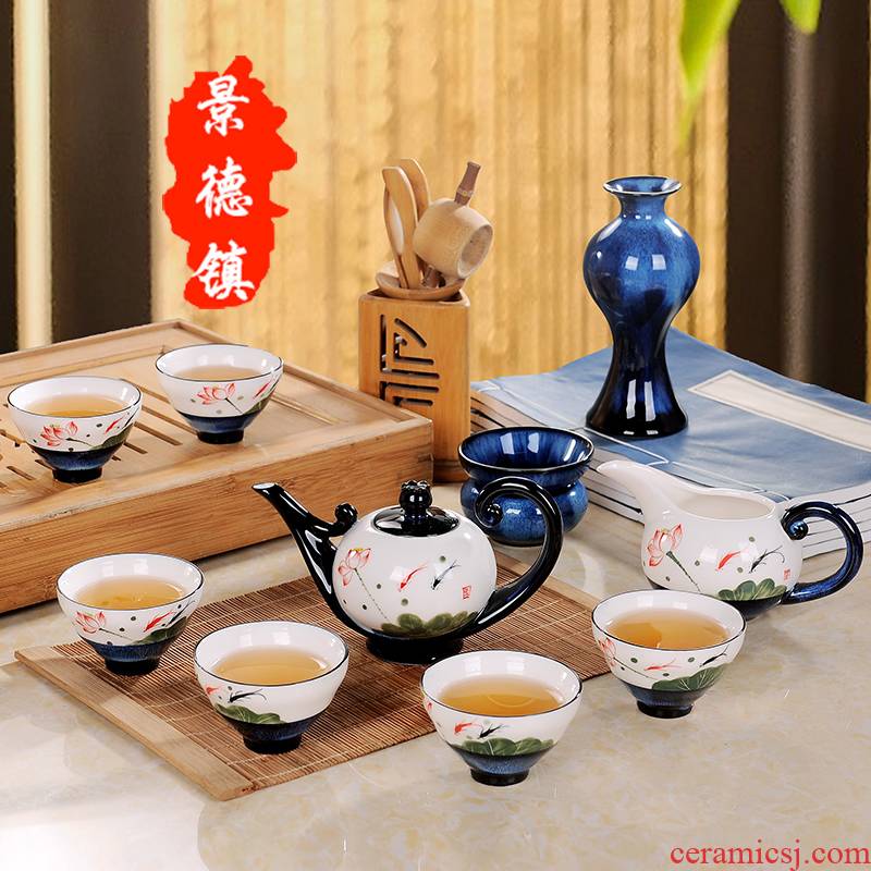 Hand - made kung fu tea set jingdezhen ceramic up lotus tea cups whole fish home tea gifts
