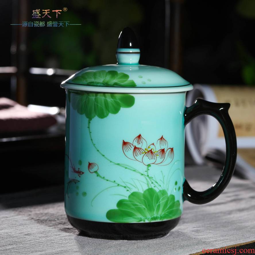 Longquan celadon teacup tea gifts home men and make tea cup with cover large glass ceramics cup personal meeting
