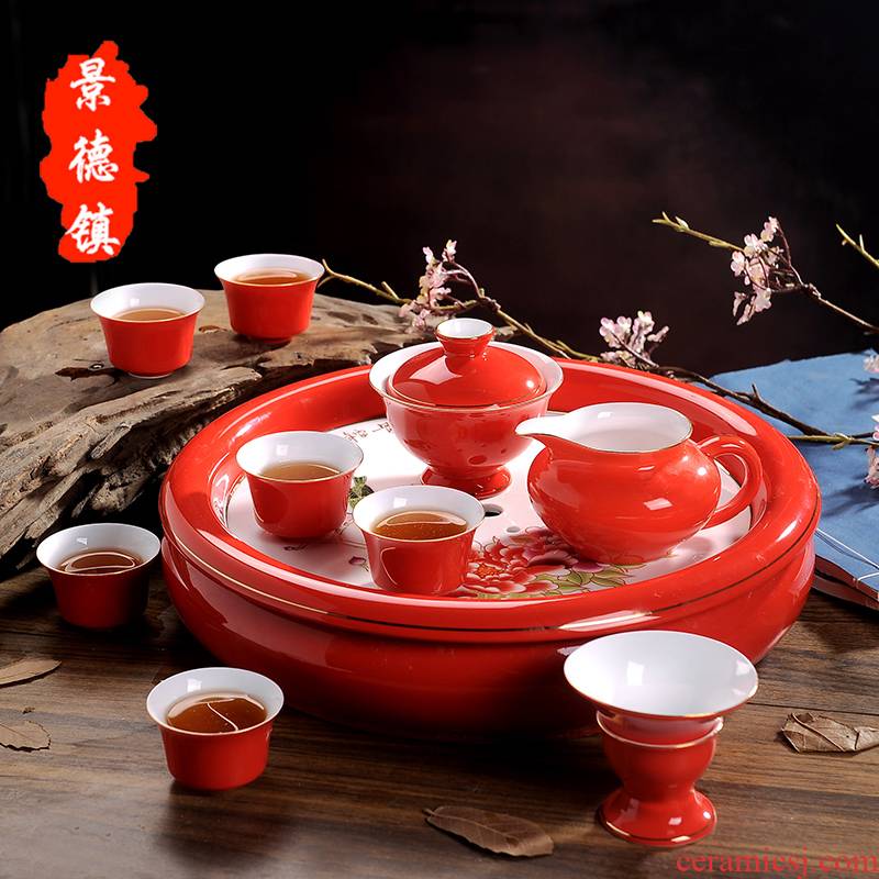 Jingdezhen ceramic tea set with tray household ceramics of a complete set of kung fu tea tray teapot GaiWanCha cups