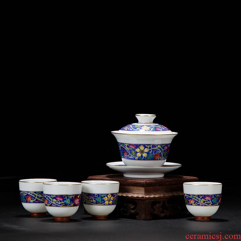 Treasure porcelain in jingdezhen blue colored enamel Lin kung fu tea set sample tea cup lotus cup single CPU to grain boundary master
