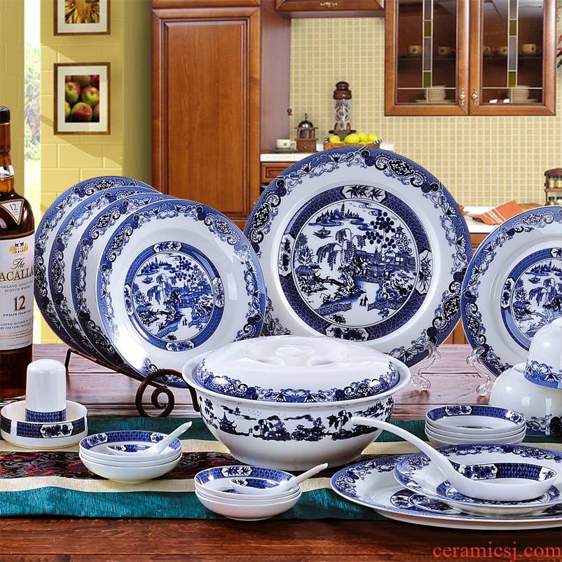 Gift glair 56 skull porcelain tableware suit of blue and white porcelain bowl Die jingdezhen bowl dishes household composition