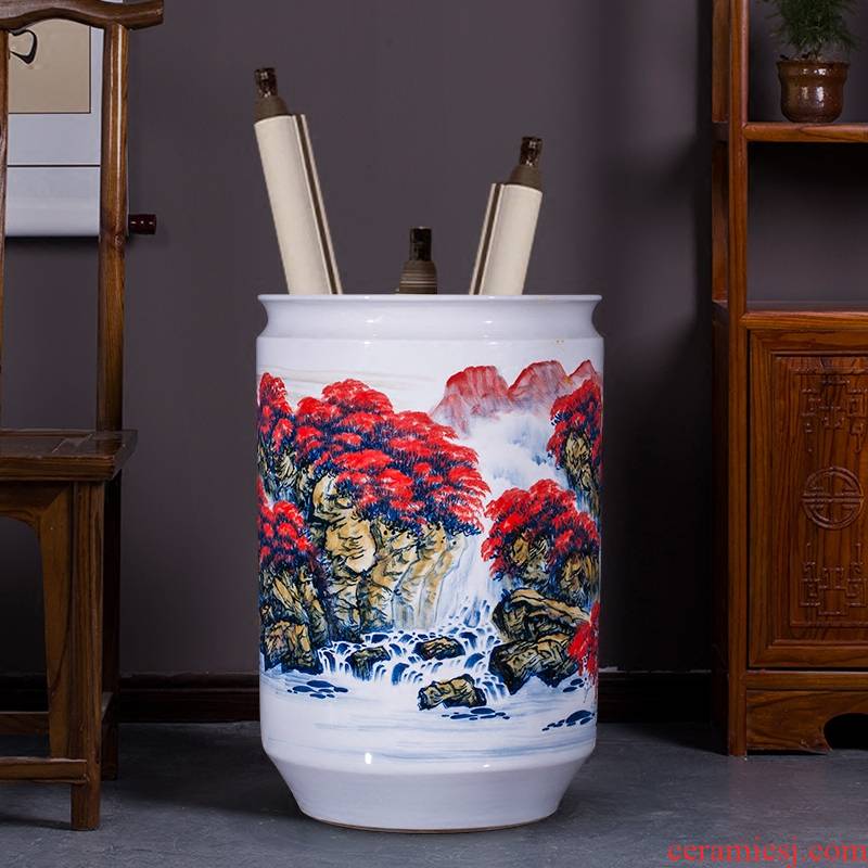 Jingdezhen ceramics big red vase hand - made home sitting room ground study decorative furnishing articles calligraphy and painting scroll cylinder