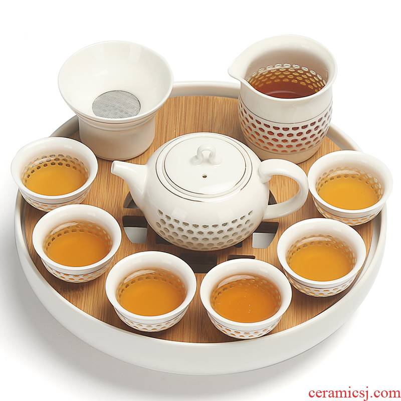 Really sheng glass and exquisite hollow out of a complete set of tea set porcelain ceramic tea tray was water bamboo kung fu tea cup