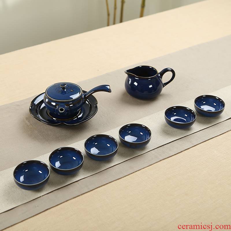 Ning uncommon kung fu tea set a complete set of ceramic side bearing as the pot TuHao blue variable tea set
